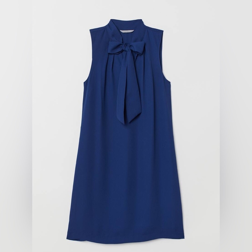 H&M Navy Blue Midi Dress 12 L Tied Bow Neck Short Sleeve Office Career Career